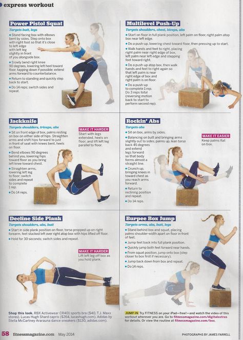 Express workout from trainer Adam Kant (Intrepid gym in Hoboken, NJ) in Fitness magazine. Box Jump Workout, Box Workout, Workouts For Runners, Personal Training Marketing, Plyo Box, Diy Step, Plyometric Workout, Volleyball Workouts, Step Workout