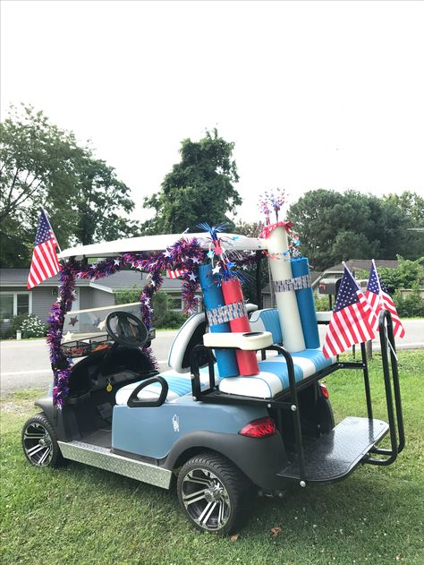 Decorated Golf Cart Ideas, 4th Of July Golf Cart, Decorated Golf Cart, Golf Cart Ideas, Golf Cart Decorating Ideas, Cart Decorating Ideas, Golf Cart Parade, Golf Cart Decorations, Gold Cart