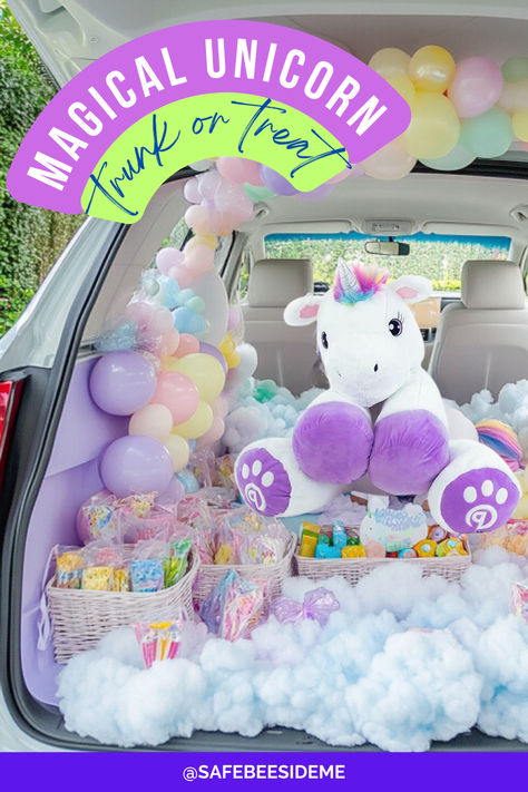 A unicorn-themed Trunk or Treat car setup with pastel-colored balloons, a large unicorn plush, fluffy clouds, and baskets filled with colorful candy bags and unicorn-themed treats. The look is whimsical and kid-friendly, creating a magical atmosphere.
*We may earn a small commission from your purchase. Plush Unicorn Crochet Pattern, Giant Unicorn Plush, Unicorn Treats, Unicorn Floaties, Unicorn Hooded Blanket, Unicorn Stuffed Animal, Unicorn Pillow Pet, Pastel Balloons, Pastel Decor