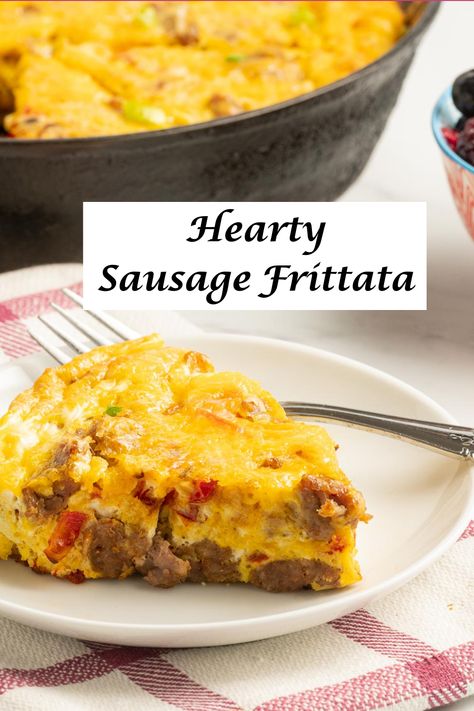 Sausage Frittata is a hearty egg casserole cooked in a cast iron skillet or other oven-safe fry pan. It is filled with sausages, savory vegetables and lots of melty cheese that your family will enjoy.  Add a salad or some delicious rolls or muffins and your frittata will be perfect for a light, healthy supper or a Mother's Day Brunch. Sausage And Pepper Frittata, Sausage And Cheese Frittata, Frittata Recipes With Sausage, Cast Iron Egg Frittata, Meat Frittata Recipes, Italian Sausage Egg Bake, Sausage Frittata Recipes, Egg Skillet Recipes, Breakfast Frittata Recipes