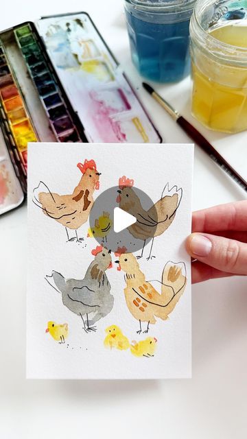 Anna Koliadych on Instagram: "The cutest idea for an Easter and Spring card with watercolor 🎨🐥🐓
#watercolor #watercolortutorial #easter #eastercard #craft #springiscoming #watercolorvideo" Watercolor Chicken Tutorial, Watercolor Chicken, Easter Watercolor, Watercolor Supplies, Chicken Bird, Painting Spring, Animals Farm, Watercolor Video, Chicken Art