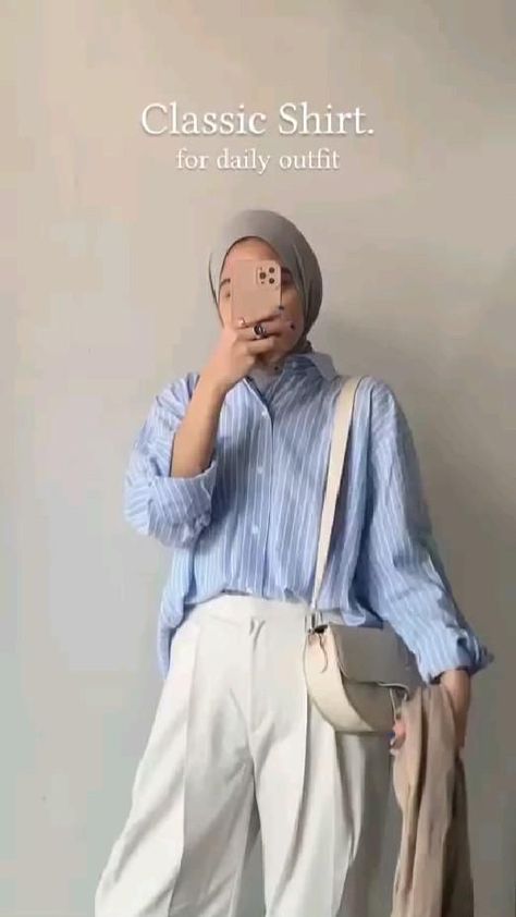 Ootd Kampus Casual, Cream Outfit Hijab, Light Blue Shirt Outfit, Outfit Kulot, Ootd Ngampus, Ootd Kemeja, Outfit Ngampus, Ootd Idea, Loose Pants Outfit