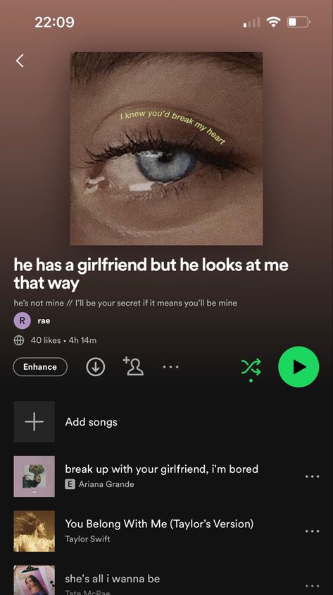 Spotify Breakup Playlist Names, He Has A Girlfriend But Flirts With Me, Situationship Playlist, Playlists For Moods Spotify, Love Playlist Names, Crush Playlist, Shower Playlist, Playlists Spotify, Love Playlist