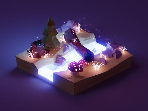 Enchanted Night Diorama by Roman Klčo 3d Lighting Rendering, Low Poly Concept Art, 3d Game Design, Enchanted Night, Bg Design, Isometric Art, Isometric Design, Low Poly Art, Low Poly Models