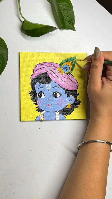 Krishna painting Janmashtami painting #krishnapainting #janmashtamispecial #acryliconcanvas #acrylicpaintingtutorial Krishna Craft Ideas, Krishna Canvas Art, Simple Radha Krishna Painting, Krishna Painting Drawing, Rangoli Krishna Easy, 15x15 Canvas Painting, Krishna Mini Painting, Cute Krishna Canvas Painting, Canvas Painting Ideas Mini