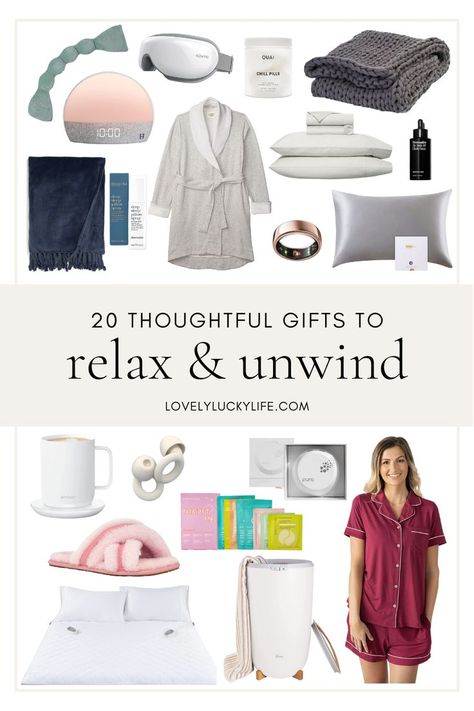 Looking for the perfect gift for a woman who needs some relaxation and self-care? Look no further than these 20 thoughtful relaxation gifts for women to help her unwind and de-stress. From cozy blankets to luxurious loungewear, these gifts will show her how much you care about her sanity. #mothersday #giftguide #giftideas #relax #pampered #selfcare #giftsformom #mom #mother Homebody Gifts For Women, Gifts For Relaxation, New Mom Self Care Basket, Relaxation Gifts For Women, Relaxing Gifts For Women, Self Care Gift Basket, Luxurious Loungewear, Relaxation Products, Relaxation Gift Basket