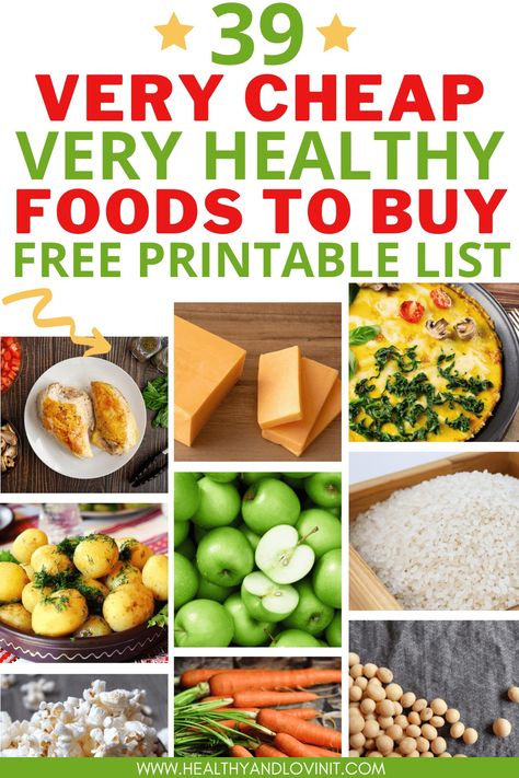 This cheap healthy grocery list will help your grocery budget to go way down while your health goes up. These are the healthiest foods you can buy on a budget. Grab the free printable clean eating healthy grocery list. When you are making your families menu plan, this list can help you make frugal choices! grocery shopping basic foods to buy at the grocery store Grocery List To Lose 20 Pounds, Healthy Staples Shopping Lists, Single Mom Grocery List, Clean Eating Grocery List On A Budget, Aldi Clean Eating Shopping List, Family Grocery List On A Budget, Healthy Grocery List On A Budget, Cheap Healthy Grocery List, Healthy Grocery Lists