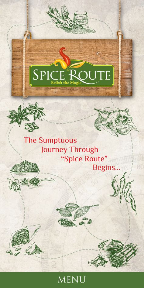 Spice Route Menu Design Cover Spices Poster Design, Restaurant Menu Design, Design Cover, Menu Restaurant, Menu Design, Board Design, Cover Pages, Cover Design, Poster Design