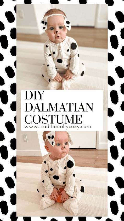 This quick and easy DIY Dalmatian costume is the perfect Halloween costume for babies and toddlers! No sewing required! Toddler Dalmation Costume Boy, Infant Dalmation Costume Diy, Infant Dalmation Costume, Easy Dalmation Costume, Newborn Dalmatian Costume, Homemade Dalmatian Costume, Baby Dalmation Costume Diy, Easy Diy Infant Halloween Costumes, Easy Baby Boy Halloween Costumes Diy