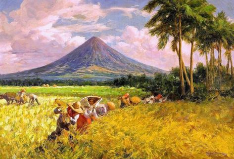 Painting of Mt. Mayon by Fernando Amorsolo, one of the Philippines’ great artists. Fernando Amorsolo, Lukisan Van Gogh, Mayon Volcano, Lukisan Lanskap, Filipino Art, Philippine Art, Philippines Culture, Rice Field, Most Famous Paintings