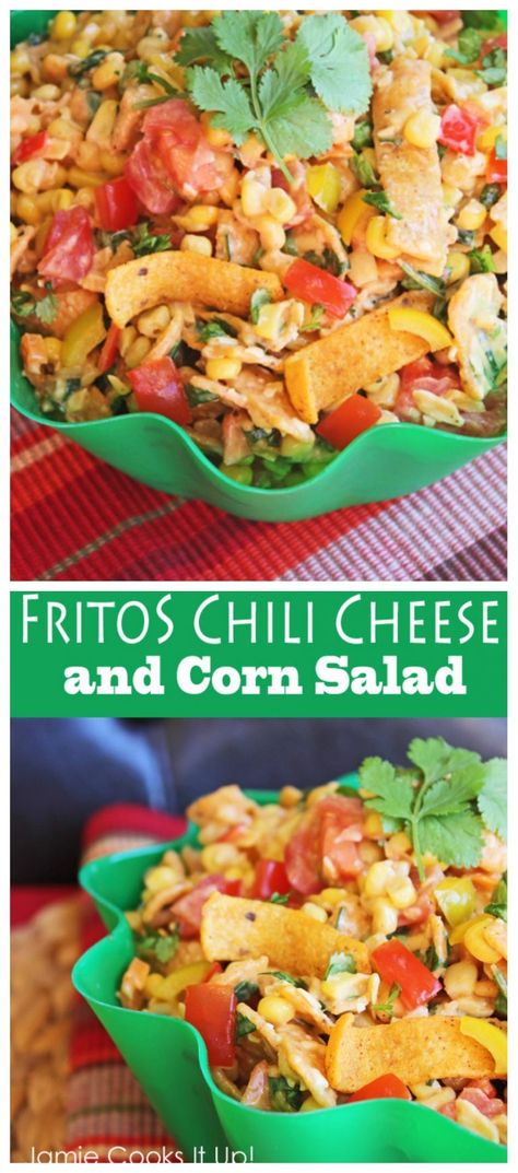 Fritos Chili Cheese and Corn Salad | Jamie Cooks It Up - Family Favorite Food and Recipes Fritos Chili, Types Of Salads, Frito Recipe, Frito Chili, Frito Corn Salad, Chili Cheese Fritos, Cheese Corn, Corn Salad Recipes, Creamy Dressing