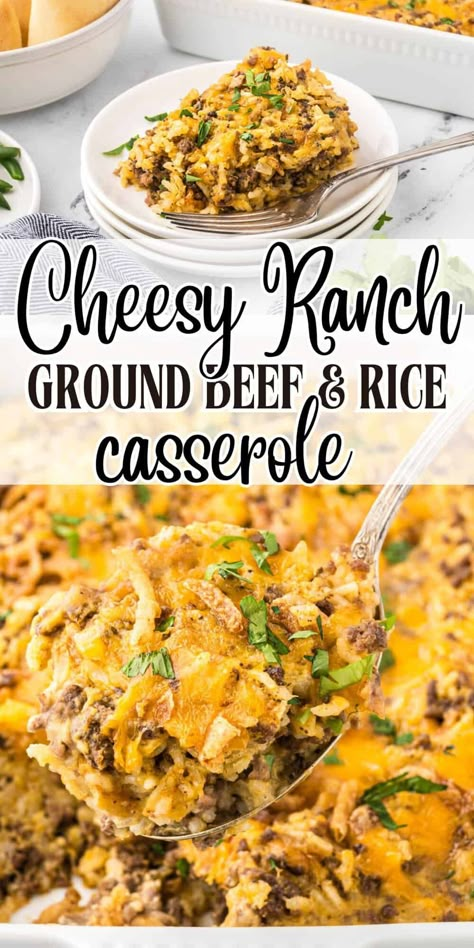 This Cheesy Ranch Ground Beef and Rice Casserole is a crowd-pleasing easy meal to make! Loaded with beef and rice, wrapped in a creamy sauce. Hamburger Meat And Rice Recipes Healthy, Ground Beef Ranch Recipes, One Dish Ground Beef Meals Easy Dinners, Easy Dinner Ground Beef Recipes, Ground Beef Dinner Casserole, Cheesy Ranch Ground Beef And Rice, Beef And Rice Dishes, Dinners With Ground Beef And Rice, Cheesy Ranch Ground Beef And Rice Casserole