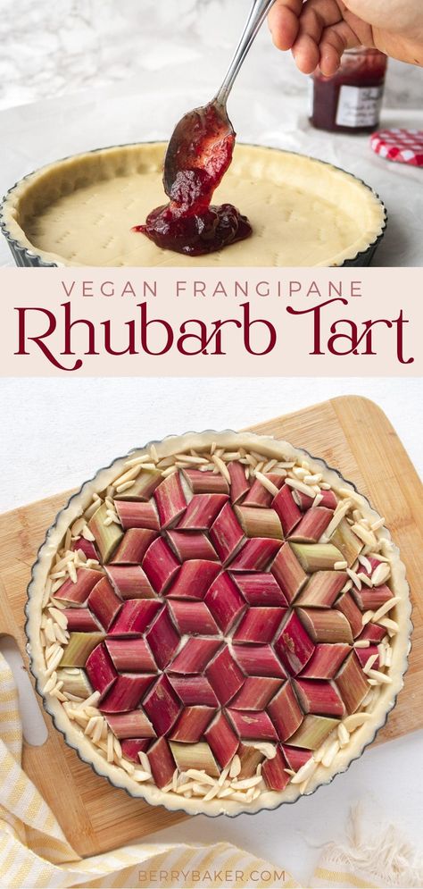 Amazing Vegan Frangipane And Geometric Rhubarb Tart Rhubarb Tart Recipe, Vegan Rhubarb Recipes, Vegan Frangipane, Rhubarb Tarte, Fancy Pies, Vegan Rhubarb, Guest Recipes, Vegan Tart, Vegan Tarts