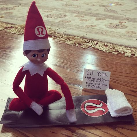 Elf on the Shelf practicing yoga.  Lululemon mat made from store bag! Elf On The Shelf Gymnastics, Elf Gym, Elf On The Shelf Yoga, Lululemon Mat, Shelf Ideas, On The Shelf, Christmas Elf, Elf On The Shelf, Elf