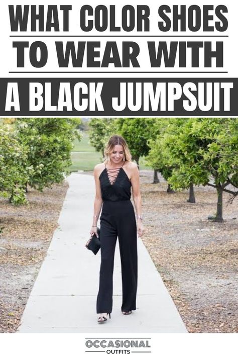 Woman wearing a black jumpsuit with heels Shoes With Black Jumpsuit Classy, Shoes For Jumpers Outfit, Accessories With Black Jumpsuit, How To Accessorize A Black Jumpsuit For A Wedding, One Piece Black Jumpsuit Outfit, Black Jumpsuit Shoes, Dressy Black Jumpsuit Outfit, How To Style A Black Jumpsuit Formal, Black Sequin Jumpsuit Outfit