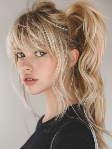 30 Charming Ponytails with Bangs: A 2024 Style Guide Messy Ponytail Hairstyles, 2000s Hair, Bangs Ponytail, High Ponytail Hairstyles, Y2k Hairstyles, Face Framing Bangs, Braided Ponytail Hairstyles, Classic Hairstyles, Hot Hair Styles