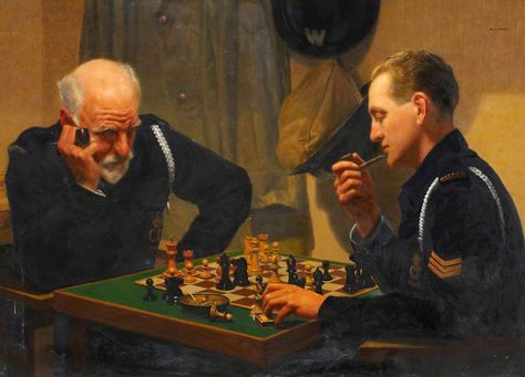 A Quiet Night (Air Raid Wardens Playing Chess) Emilio C.L. Taffani Chess Images, Ron Hicks, Chess Art, Painting Corner, How To Play Chess, Art Through The Ages, Playing Chess, Kings Game, Chess Players