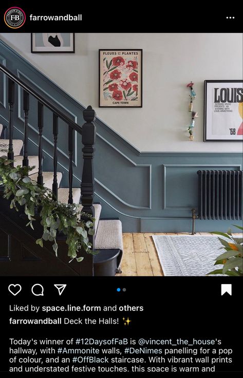 Dusty Blue Hallway, Half Panelled Hallway, Colorful Entrance Hall, Blue Panelling Hallway, Navy Stairs, Edwardian Features, Light Blue Hallway, Blue Hallway Ideas, Blue Feature Wall Bedroom