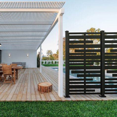 Planks Privacy Screen - Dark Bronze Modern Privacy Screen Outdoor, Fence Wall Design Wood, Privacy Railings For Decks, Wood Deck Railing Ideas Diy, Pergola Privacy Ideas, Deck Railing Design Wood, Outside Privacy Wall Ideas, Patio Screens Privacy, Decks With Privacy Walls