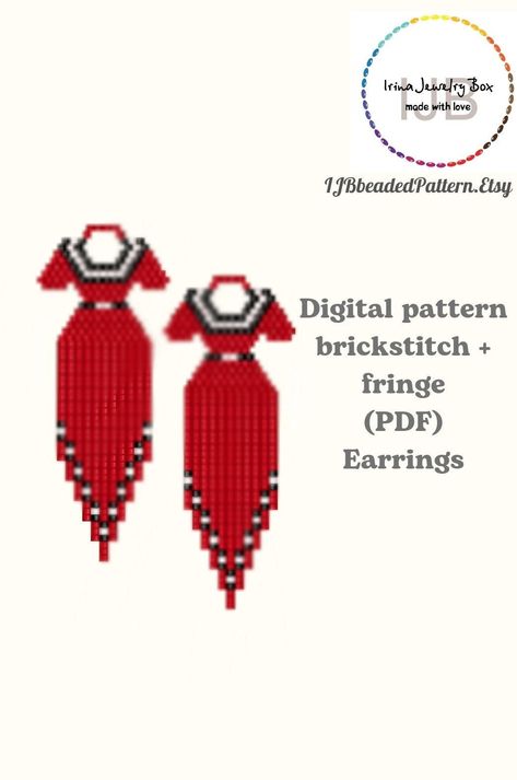 Red Dress Earrings Beaded, Beaded Red Dress, Beaded Earrings Brick Stitch, Red Beaded Dress, Dress Earrings, Bead Loom Designs, Chart Pattern, Beaded Earrings Diy, Native Beadwork