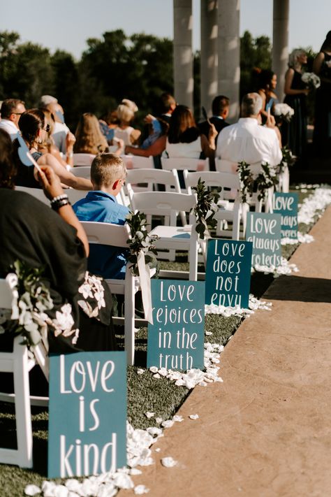 | love verse wedding ceremony aisle signs | wedding ceremony aisle marker ideas | "love is kind --- love rejoices in the truth --- love does not envy --- love always protects" | white flower wedding aisle markers | wedding ceremony sign ideas | photo taken at THE SPRINGS Event Venue. follow this pin to our website for more information, or to book your free tour! SPRINGS location:  Tuscany Hill in McKinney, TX photographer:  Local Embers & Co. #weddingsigns #weddingceremony #outdoorwedding #dfw Flower Wedding Aisle, Aisle Markers Wedding, Wedding Aisle Markers, Wedding Ceremony Aisle, White Flower Wedding, Marker Ideas, Wedding Ceremony Sign, Love Does Not Envy, Aisle Markers