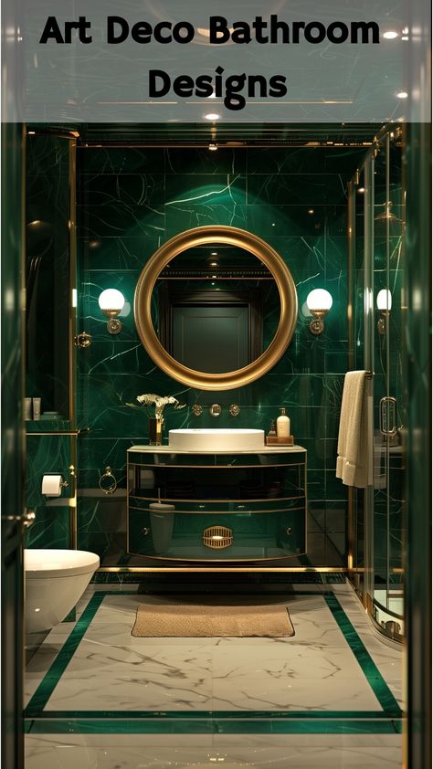 An emerald Art Deco bathroom is striking and luxurious. Use emerald green tiles or walls as a bold backdrop, complemented by white, black, or gold accents. Emerald green and gold fixtures, mirrors, and lighting create a rich and sophisticated atmosphere. Incorporate materials like green marble and metallic accessories to enhance the opulence. Emerald Bathroom, Green And Gold Bathroom, Emerald Interior, Gold Bathroom Ideas, Bathroom Decor Ideas Black, Emerald Green Bathroom, Lavish Aesthetic, Bathroom Vanity Black, Green Marble Bathroom