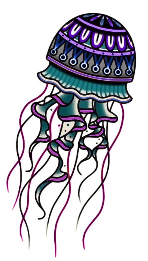 Traditional Sealife Tattoo, American Traditional Stingray Tattoo, American Traditional Jellyfish, Traditional Jellyfish Tattoo, Traditional Sea Tattoo, Sake Tattoo, Ocean Sleeve Tattoos, Tattoo Jellyfish, Ocean Sleeve