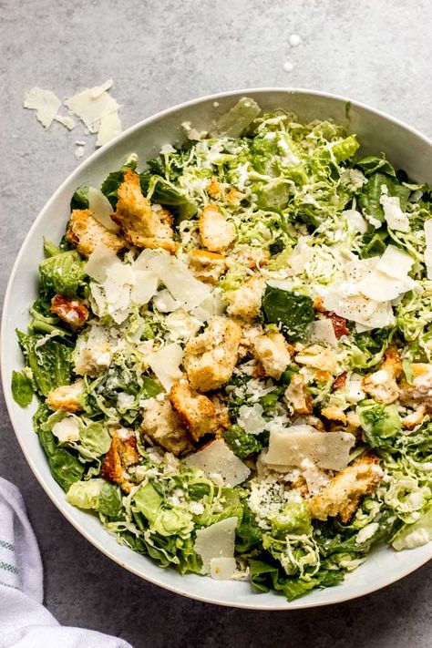 Brussel Sprout Caesar Salad, Shredded Brussels Sprouts, Asian Inspired Salad, Kale Caesar Salad, Romaine Salad, Chicken Skillet Recipes, Recipes To Cook, Carlsbad Cravings, Shredded Brussel Sprouts