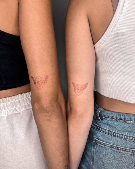 Meaningful Tattoo Ideas, Tricep Tattoos, Maching Tattoos, Cupid Tattoo, Cute Matching Tattoos, Tiny Tattoos For Women, Cherub Tattoo, New Tattoo Designs, Meaningful Tattoo