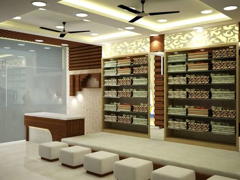 Saree Showroom Interior Design, Clothing Store Counter Design, Saree Shop Interior Design, Boutique Interior Design Indian, Cloth Showroom, Saree Showroom, Store Counter Design, Hitesh Patel, Saree Boutique