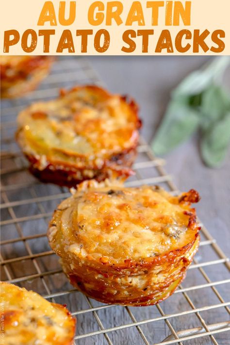 Potatoes In Muffin Tin Recipe, Potato Stacks Muffin Tins, Potato Stack, Potato Stacks Recipes, Cheesy Potato Gratin, Baked Potatoes In The Oven, Potato Cakes Recipe, Au Gratin Potato Recipes, Potato Stacks