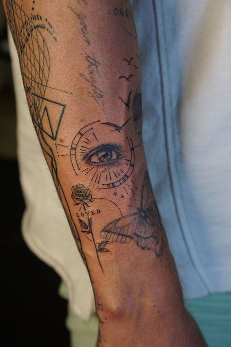 Men’s Line Art Tattoo, Men’s Line Work Tattoo, Fine Line Sleeve Men, Mens Patchwork Tattoo Sleeve Arm, Forearm Aesthetic Tattoo, Tattoo Arms Men, Realistic Fine Line Geometrical Tattoo, Realistic Fine Line Tattoo, Cool Eye Tattoos