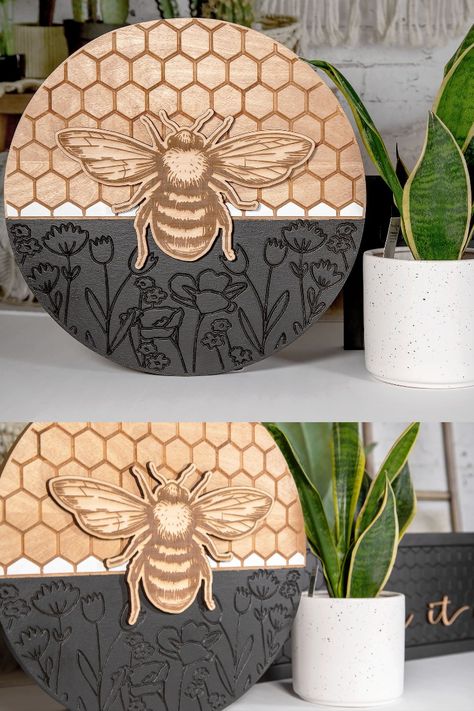 Bee Sign | Laser Cut | Engraved | Round Sign | 13 in. Laser Engraving Design, Laser Printing Ideas, Laser Craft Ideas, Lasercut Design Ideas, Spring Laser Projects, Laser Projects Ideas, Laser Art Wood, Wood Engraving Ideas, Bee Signs Ideas