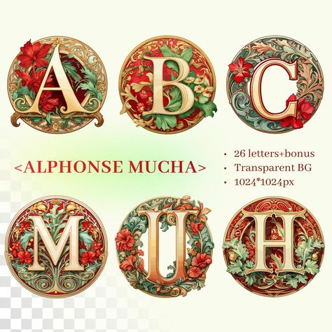 Art Nouveau Christmas, Christmas Alphabet, Illuminated Letters, Seasonal Decorations, Holiday Party Invitations, Alphonse Mucha, Holiday Projects, Xmas Cards, Festive Christmas