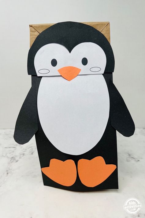 Penguin Paper Bag Puppet, Paper Bag Winter Crafts For Kids, Penguin Puppets Paper Bags, Paper Bag Puppet Ideas, Penguin Puppet, Penguin Crafts For Kids, Penguin Template, Make A Paper Bag, Winter Crafts For Toddlers