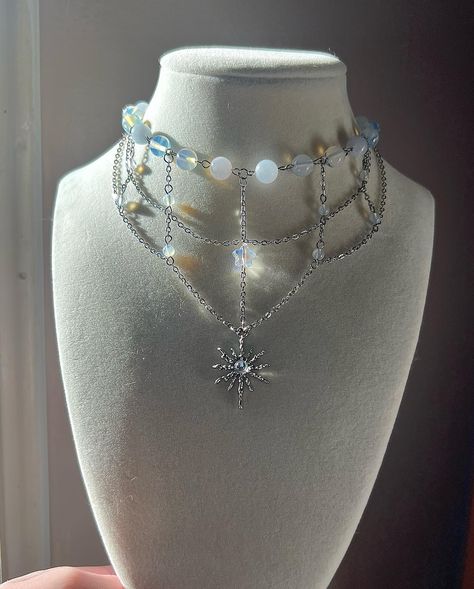 ‘Starlight’ Choker ⭐️ made with opalite beads, aquamarine beads, a glass star bead, stainless steel chain and findings 16in + 2in extension chain available now, link in bio ⭐️ #handmadejewelry #explorepage #necklace #choker Metal Beaded Choker Necklaces With Adjustable Chain, Handmade Whimsical Choker Necklace, Adjustable Star-shaped Beaded Chain Necklace, Alt Beaded Necklace, Goth Beaded Necklace, Glass Stars, Aquamarine Beads, Small Business Ideas, Gothic Jewelry