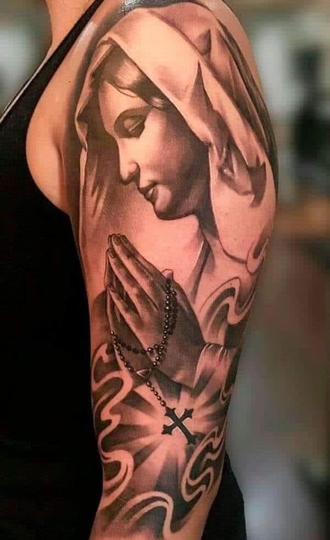 Madonna Tattoo, Stairway To Heaven Tattoo, Religious Tattoo Sleeves, Holy Tattoos, Mother Mary Tattoos, Maria Tattoo, Christ Tattoo, Christian Sleeve Tattoo, Skull Sleeve Tattoos