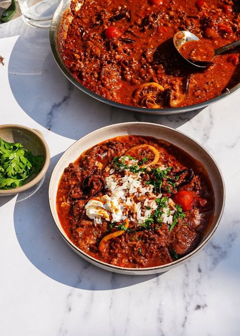 moroccan spiced aubergine & walnut stew — rachel ama Morrocan Stew, Rachel Ama, Jerk Recipe, Sweet Paprika, Plant Based Whole Foods, Veggie Stock, Vegetable Stock, Vegan Dinner Recipes, Vegan Dinners