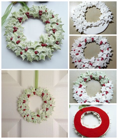 Polymer Clay Holly Wreath collage Clay Wreath, Clay Christmas Decorations, Cold Porcelain Flowers, Holly Wreath, Air Dry Clay Projects, Clay Christmas, Polymer Clay Ornaments, Christmas Clay, Polymer Clay Christmas