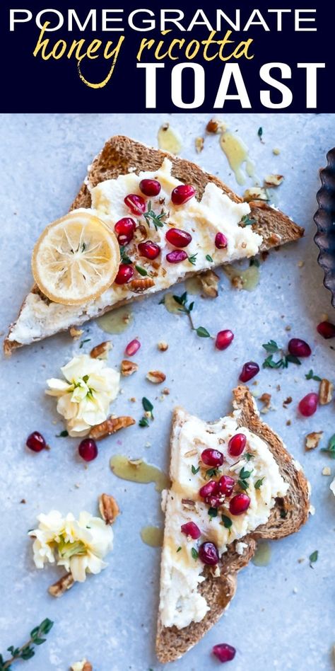 Light & Easy Ricotta Toast topped with pomegranate arils, fresh thyme, candied pecans and honey. The perfect quick sweet savory breakfast or appetizer recipe for the holidays! Pomegranate Appetizer, Honey Ricotta, Ricotta Toast, Pomegranate Recipes, Honey Toast, Toast Toppings, Quick Healthy Breakfast, Candied Pecans, Delicious Breakfast Recipes