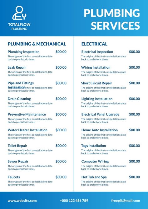 Gradient Simple TotalFlow Plumbing Services Price List Electrical Inspection, Plumbing Companies, Business Printables, Price List Template, Leak Repair, Plumbing Installation, Plumbing Services, Interior Work, Drain Cleaner