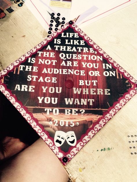 Theater inspired graduation cap Heathers Graduation Cap, Broadway Graduation Cap, Graduation Cap Designs Theatre, Theater Graduation Cap, Theatre Graduation Cap, Drew University, Fsu Graduation, Torn Curtain, High School Graduation Pictures