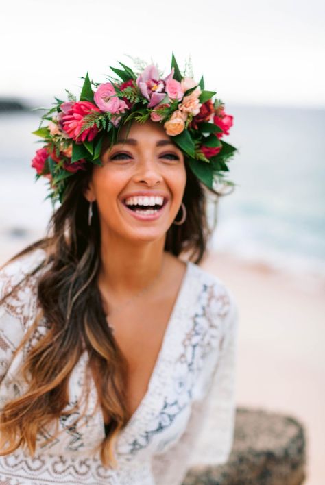 Electric Beach Oahu, Hawaiian Flower Crown, Hawaii Beach Wedding, Wedding Flower Crown, Beach Wedding Hair, Flower Crown Wedding, Hawaiian Wedding, Wedding Hair Flowers, Flower Headpiece