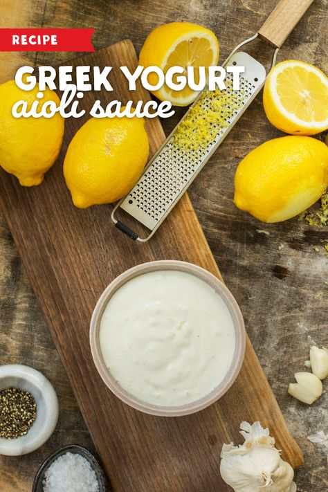 This easy, oil-free twist on aioli sauce uses Greek yogurt infused garlic, lemon and honey. Perfect summer dip for meats, fish, veggies, sandwiches and more! Yogurt Recipes Homemade, Fish Veggies, Summer Dip, Greek Yogurt Sauce, Aioli Sauce, Aioli Recipe, Homemade Sauce Recipes, Easy Mediterranean Diet Recipes, Salad Dressing Recipes Homemade