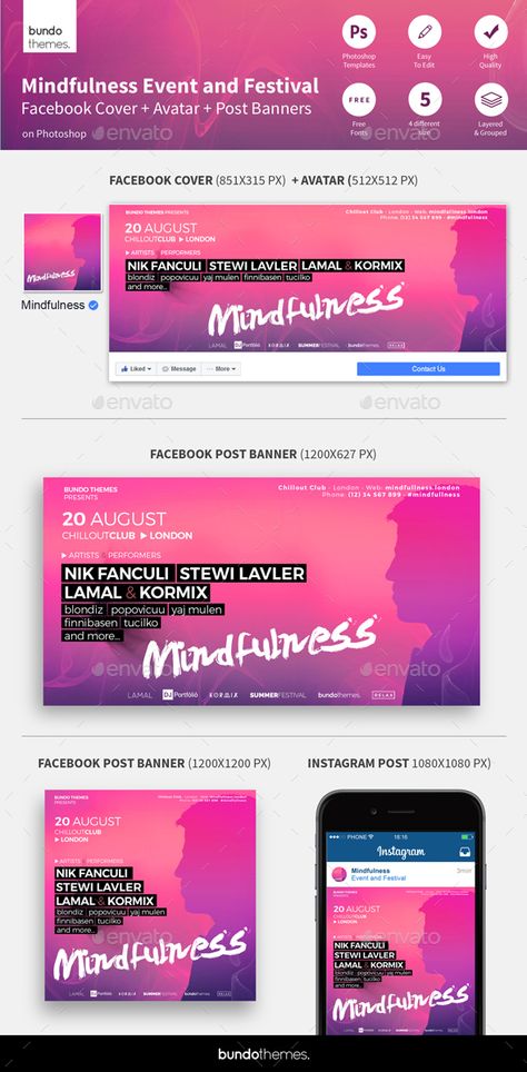 Mindfulness Event and Festival Facebook / Instagram Banners Template PSD Facebook Event Cover Design, Banner Reference, Instagram Banners, Instagram Story Ads, Banners Template, Youtube Banner Template, Instagram Banner, Facebook Cover Template, Elements Design