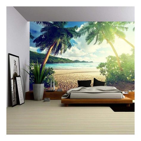 Free 2-day shipping. Buy wall26 - Sunset on the Beach Takamaka, Mahe Island, Seychelles - Removable Wall Mural | Self-adhesive Large Wallpaper - 66x96 inches at Walmart.com Tree Wallpaper Bedroom, Beach Wall Murals, Beach Mural, California Palm Trees, Palm Trees Wallpaper, Large Wall Murals, Tapestry Wall Art, Removable Wall Stickers, Large Wallpaper