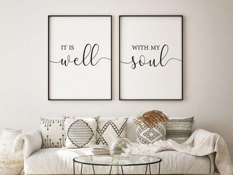 Check out this item in my Etsy shop https://www.etsy.com/in-en/listing/1096596487/it-is-well-with-my-soul-print-bible Husband And Wife Bedroom, Decor Above Bed, Bed Wall Decor, Bedroom Quotes, Quotes Printable, Bedroom Decor For Couples, Over The Bed, Guest Room Decor, Living Room Prints