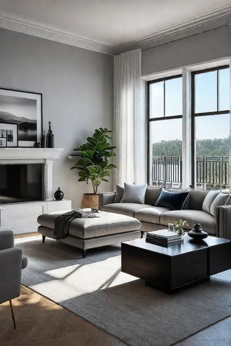 Living room with coordinated paint color and decor Farmhouse Living Room Color Scheme, Sherwin Williams Living Room, Gray Walls Living Room, Farmhouse Living Room Colors, Living Room Paint Color, Apartment Painting, Tertiary Color, Perfect Paint Color, Living Room Color Schemes