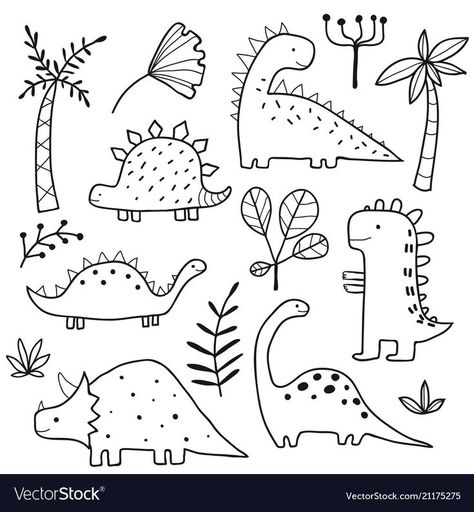 Cute dinosaurs and tropic plants Royalty Free Vector Image Doodles Bonitos, Cartoon Kunst, Cute Dinosaurs, Arte Doodle, Dinosaur Illustration, 그림 낙서, Animal Doodles, Plant Vector, Pola Sulam