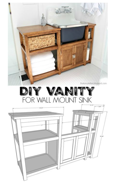 diy vanity for wall mounted sink Diy Bathroom Vanity, Wall Mount Sink, Wall Mounted Sink, Bad Inspiration, Diy Vanity, Wood Vanity, Diy Bathroom Decor, Free Plans, Woodworking Tips